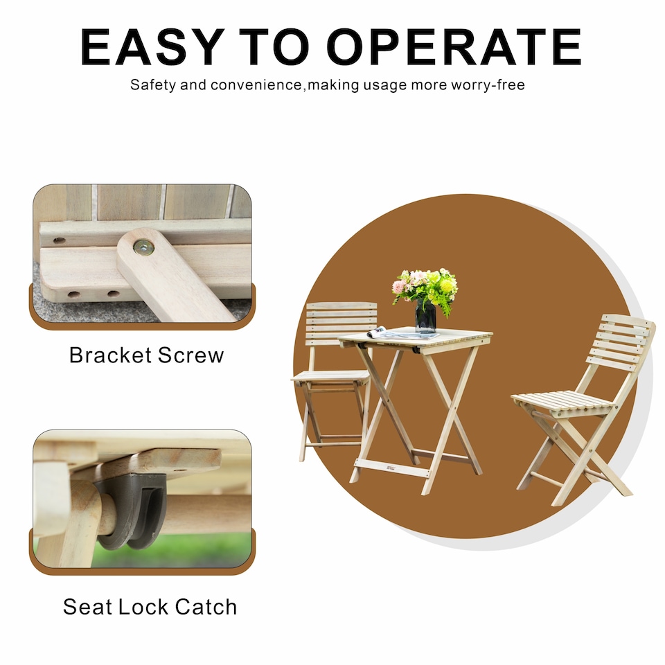Direct Wicker Foldable Acacia Wood Bistro Set, Sanded Natural