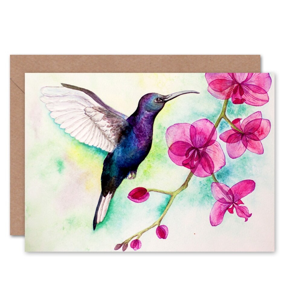 image 1 of Hummingbird And Orchid Flowers Floral Watercolour Art Card