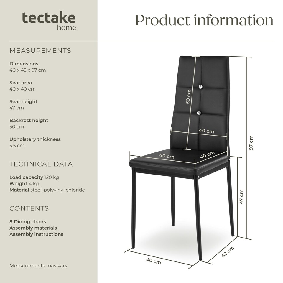 image 1 of Dining Chair Set - high backrest, slim steel legs & rhinestone highlights - Set of 8 Black