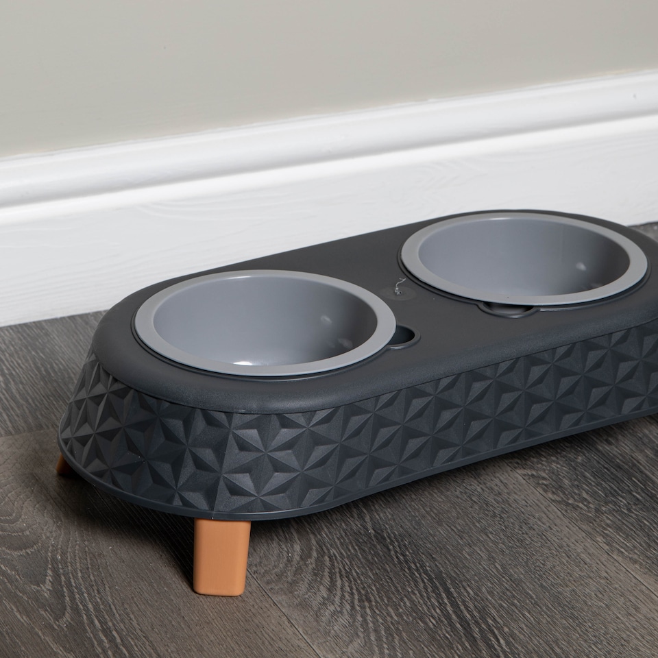 image 1 of 16cm x 9cm Grey Plastic Raised Double Pet Bowl Feeding Station with Stand