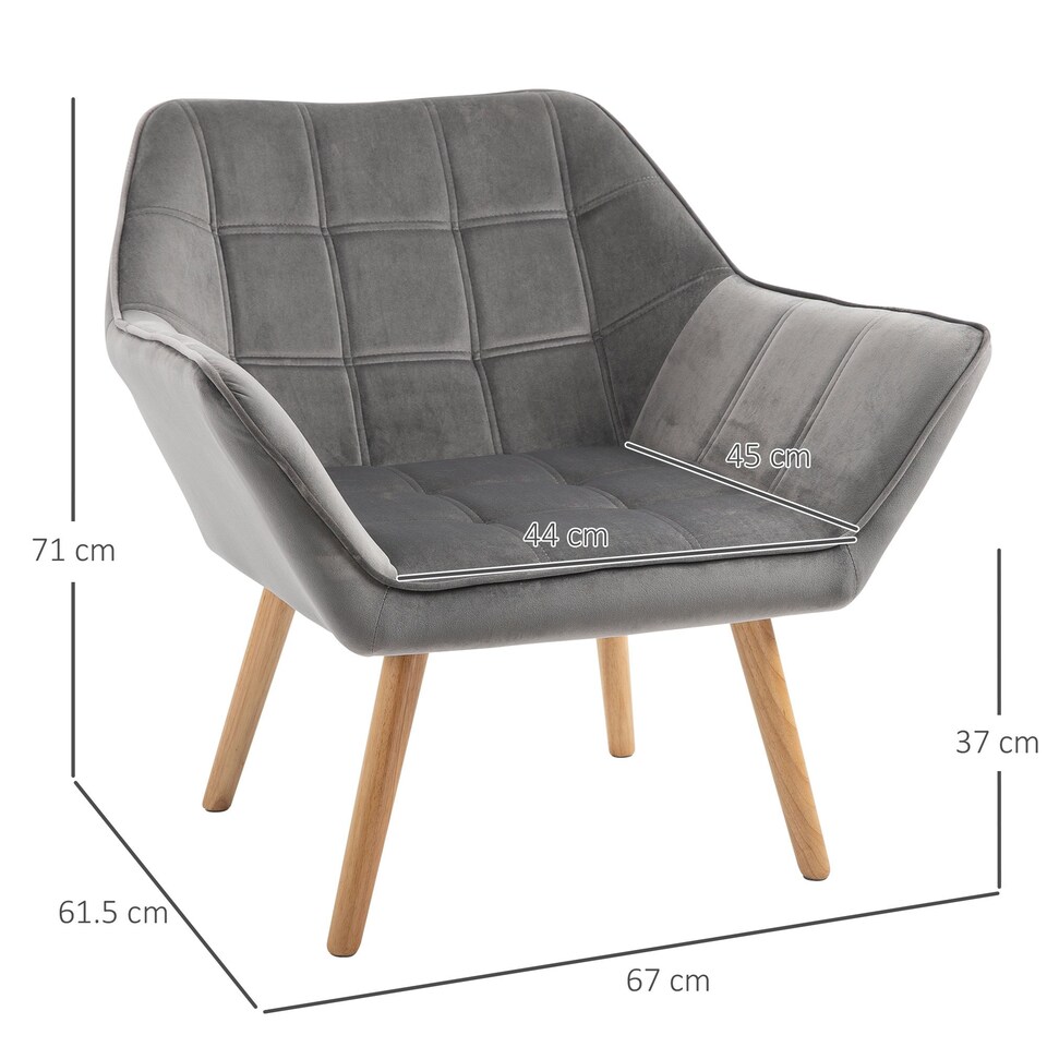 image 1 of HOMCOM Luxe Velvet-Feel Accent Chair w/ Wide Arms Slanted Back Wood Legs Grey