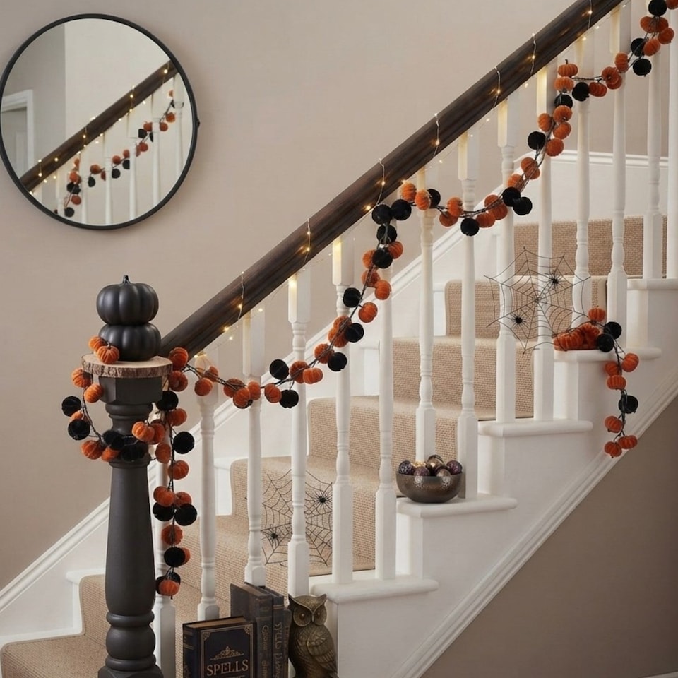 image 1 of Heaven Sends Halloween Orange & Black Velvet Pumpkin Garland 150 cm