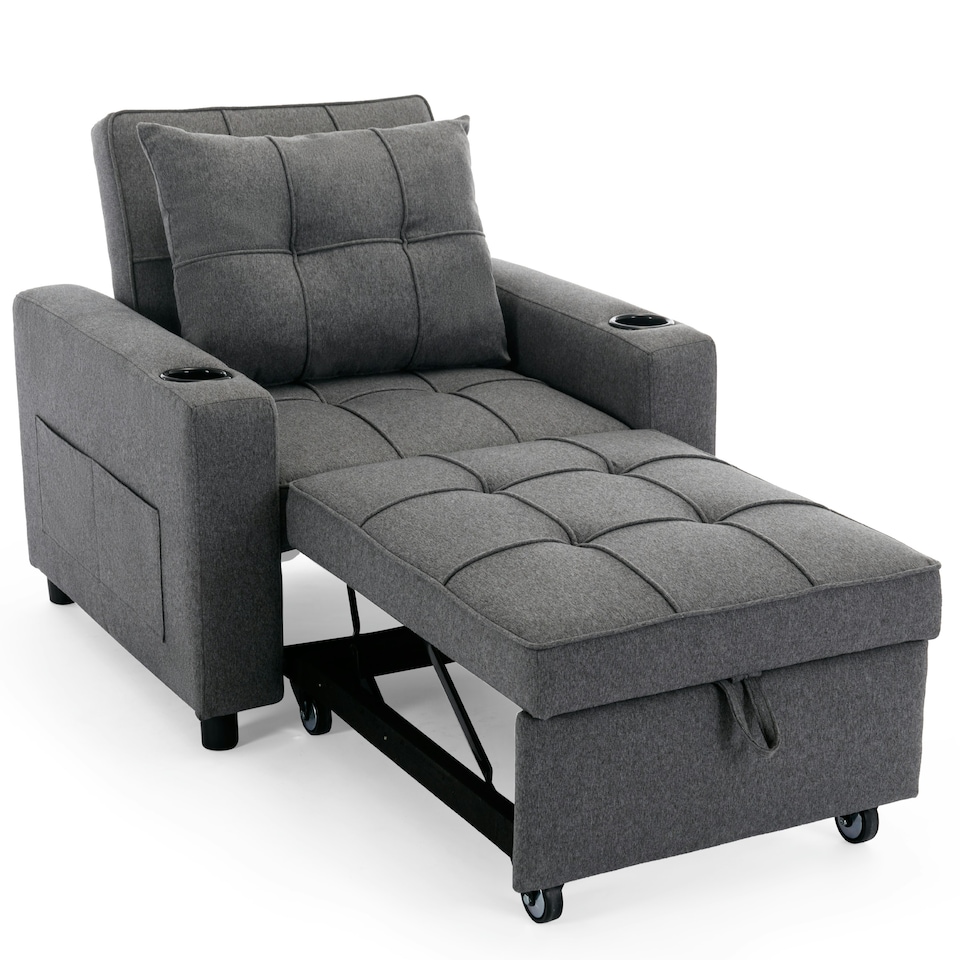image 1 of Hudson 1-Seater Sofa Bed Linen Fabric with Cup Holders (Grey)