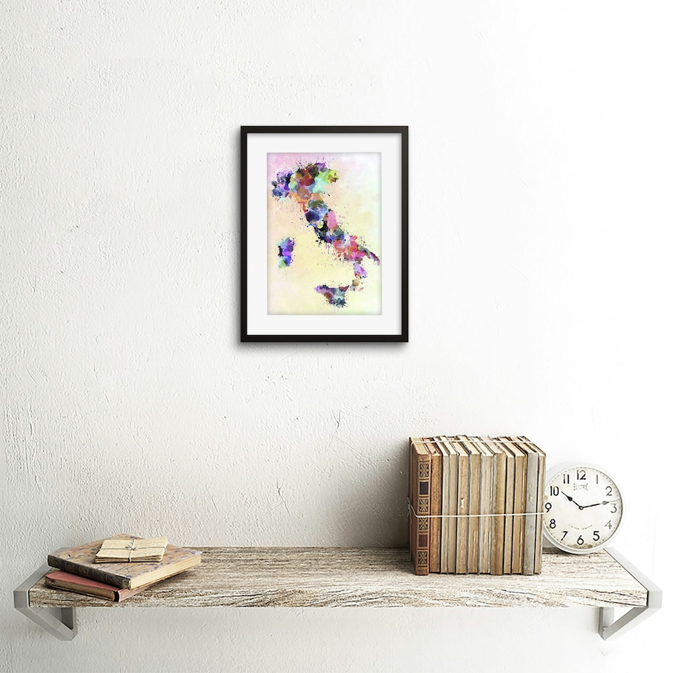 image 1 of Map Painting Italy Sardinia Sicily Paint Splash Colour 9x7" Black Framed Wall Art Print