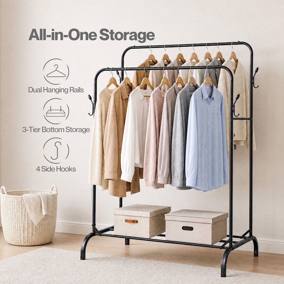 image 1 of Levede Clothes Rail Heavy Duty 2 Rods Carbon Steel Rack with Shelf Bedroom Black