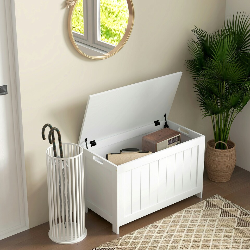 image 1 of HOMCOM Storage Chest with 2 Safety Hinges, Modern Storage Bench, White