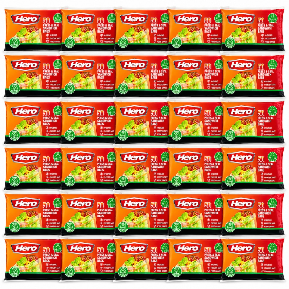 image 1 of Hero Reusable Press Seal Freezer Bags - Pack of 50 BPA Free Food Storage Bags for Sandwiches, Fruit, Meat, Vegetables & Freezer Storage