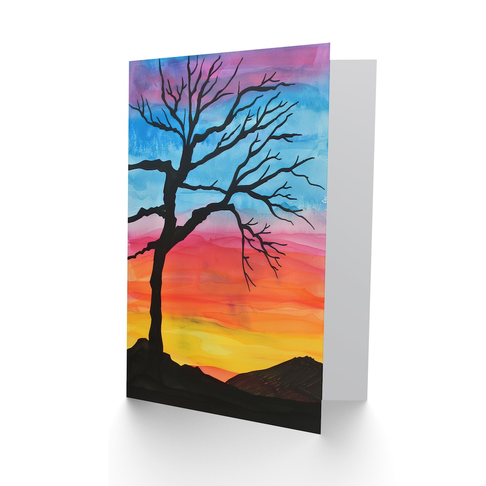 image 1 of Greeting Card Tree Silhouette Against Rainbow Sky Watercolour Birthday