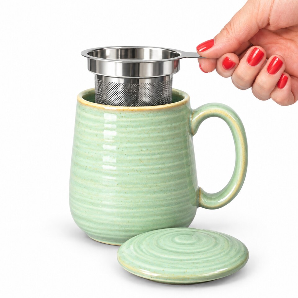 image 1 of Skandi Home 600ml Sage Green Reactive Glaze Ceramic Aska Infuser Mug with Lid