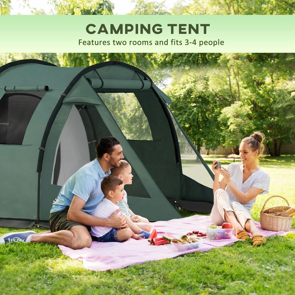 image 1 of Outsunny 3-4 Persons Tunnel Tent, Two Room Camping Tent w/ Windows, Black