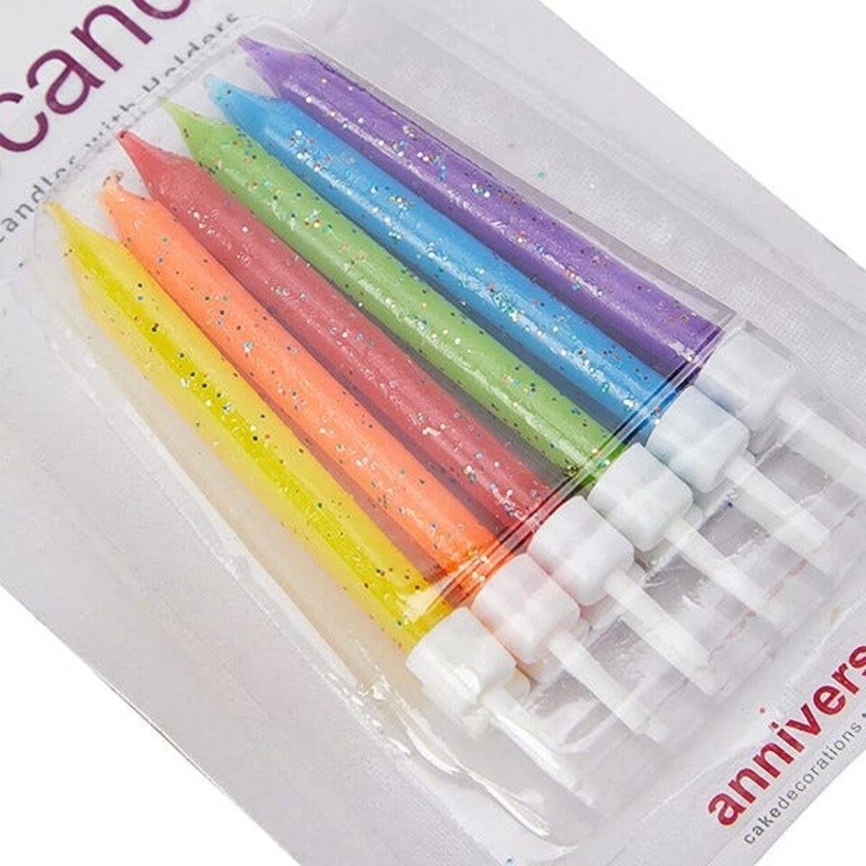 image 1 of Anniversary House Glitter Candles Multi-Coloured Rainbow Mix with Holders Pack of 12
