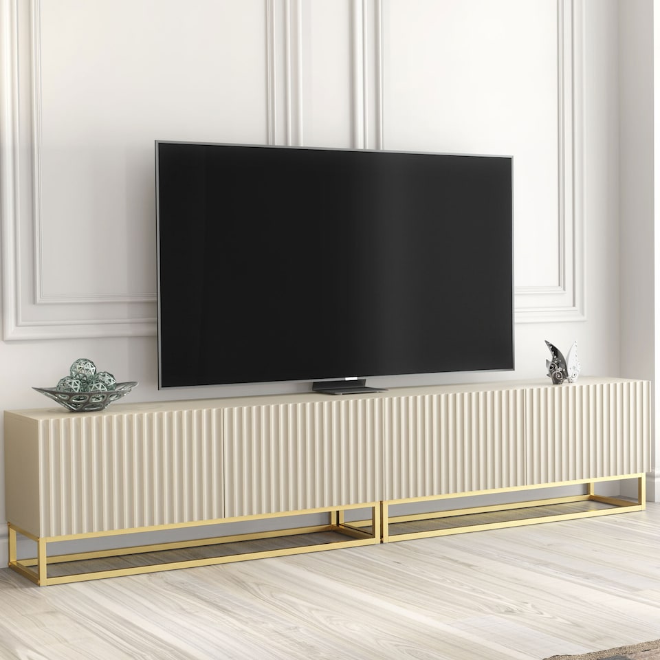 image 1 of TV Unit TV Stand Cashmere Gold Fluted Modular Media Console Sideboard Storage 200cm