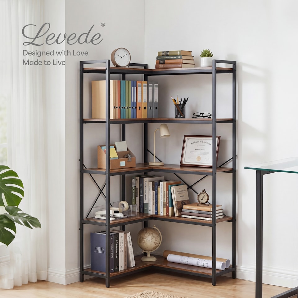 image 1 of Levede Corner Bookcase 5-Tier L-Shaped Bookshelf Space-Saving Spice Walnut Black Metal