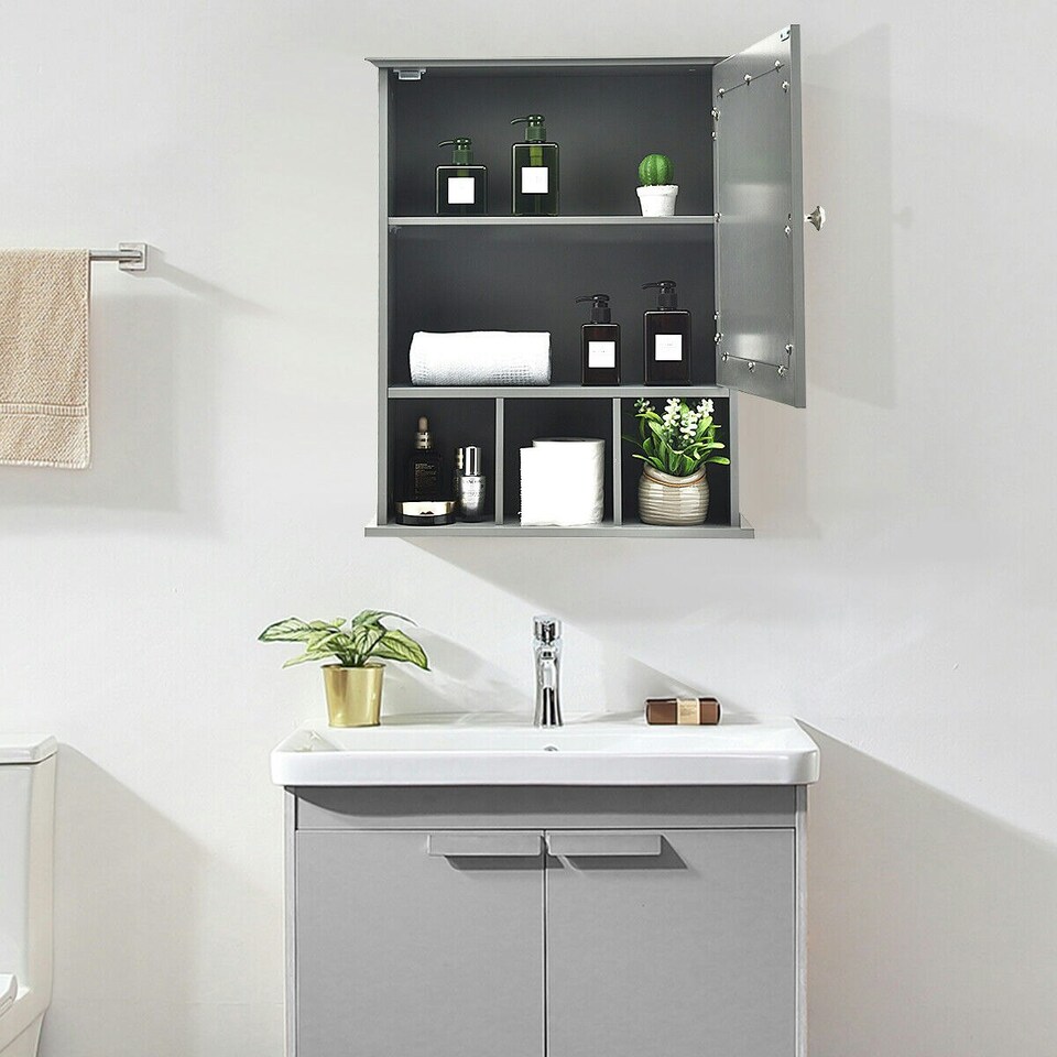 image 1 of COSTWAY Bathroom Wall Storage Cabinet Medicine Organizer Grey Grey