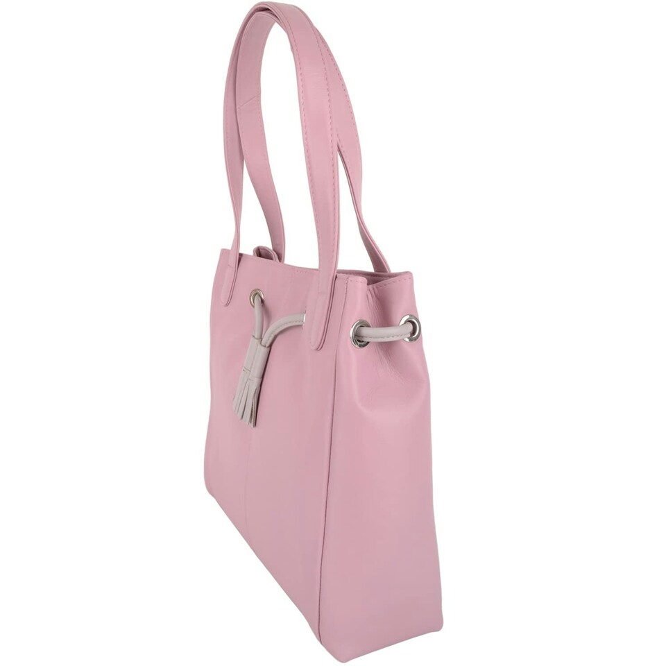 image 1 of Genuine Soft Leather Contrast Drawstring Tote Style Shoulder Handbag Pink | Blush