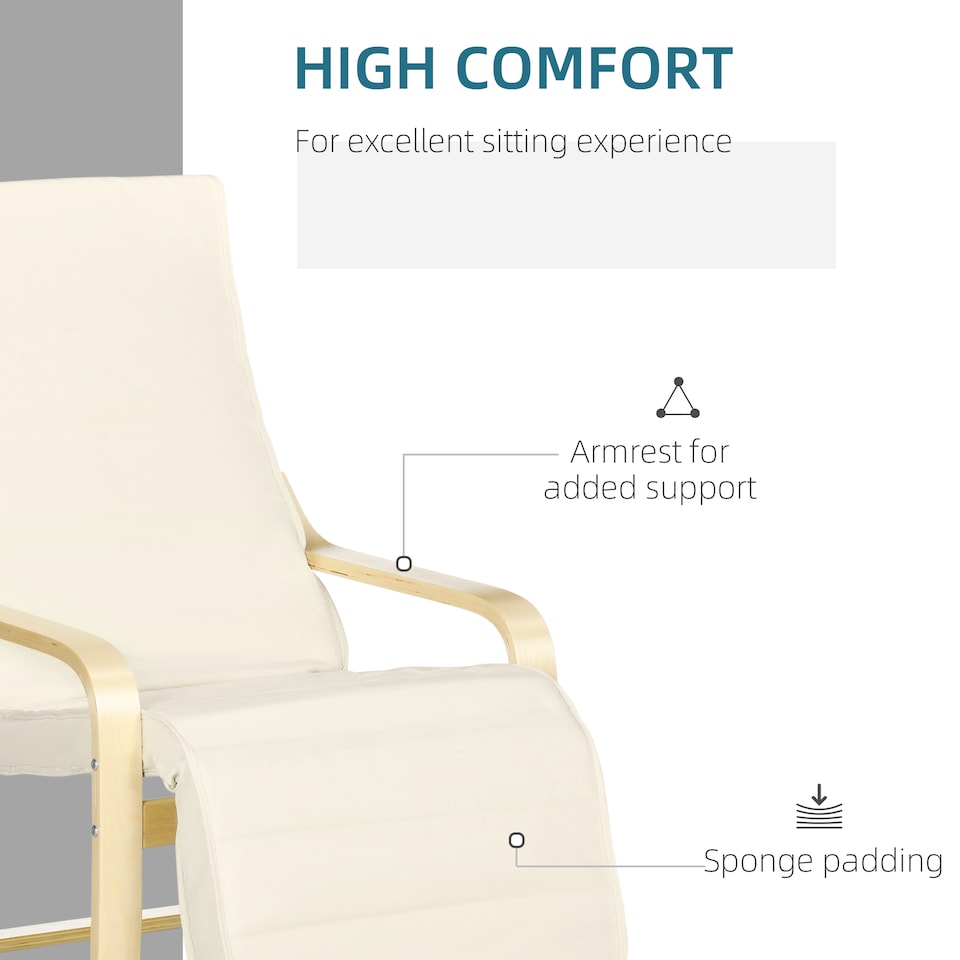 image 1 of HOMCOM Wooden Armchair, Upholstered Linen Lounge Chair with Adjustable Footrest & Removable Cushion, Poang Chair for Living Room, Cream White