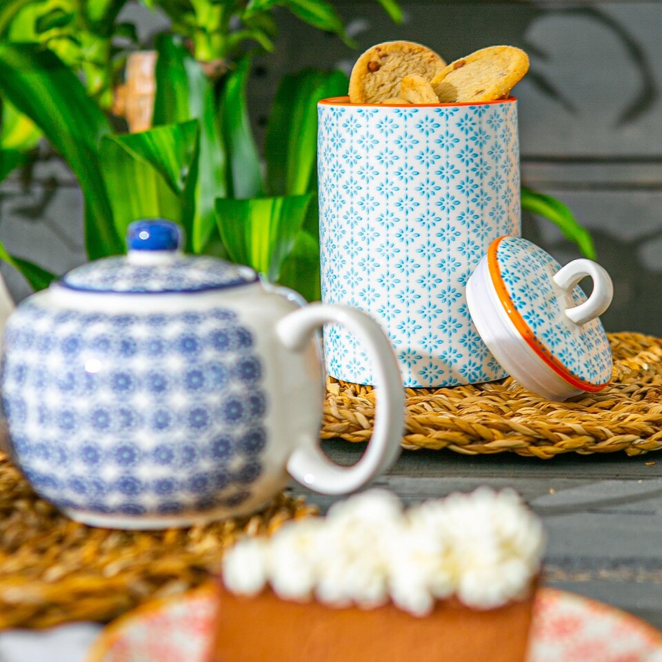 image 1 of Nicola Spring Hand-Printed Kitchen Canister - 1 Litre - Blue | Multi | Multi