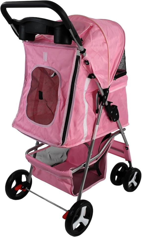 image 1 of Pet Stroller Dog Cat Puppy Pram Pushchair Travel Cart Jogging Buggy Carrier (Pink with Cover)