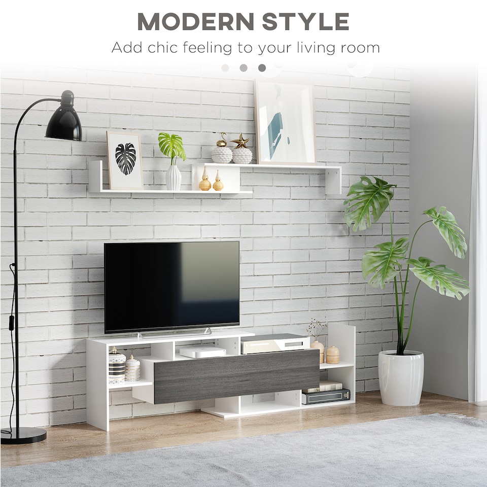 image 1 of HOMCOM Modern TV Cabinet with Wall Shelf, TV Unit with Storage Shelf and Cabinet, for Wall-Mounted 65 TVs or Standing 40 TVs, White and Grey | White | 1