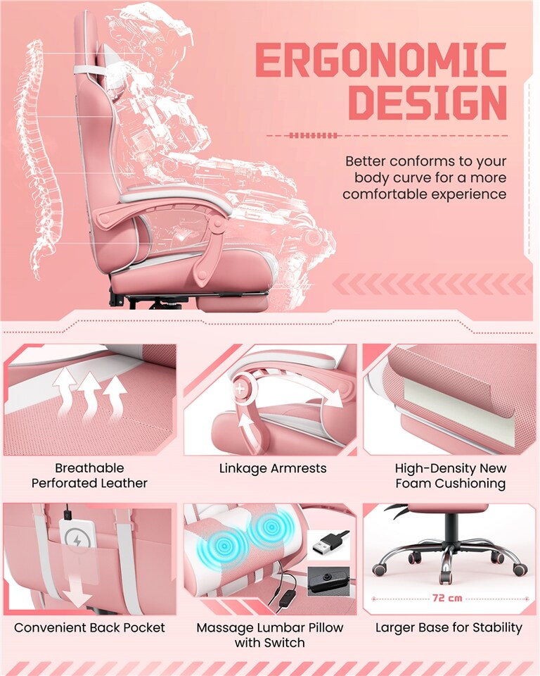 image 1 of Yaheetech Ergonomic Computer Chair with Massage Lumbar Pillow | Multi | Pink/White | One Size | 1