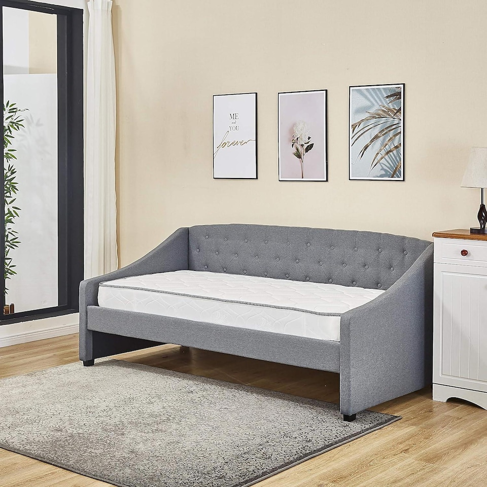 image 1 of Daybed with Trundle Grey 3ft Single with 2 Mattresses Fabric Tufted Wooden Bedroom | Grey | One Size