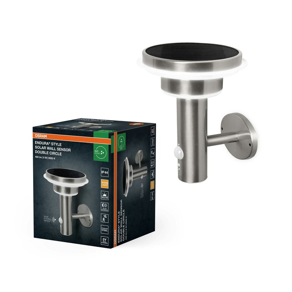 image 1 of OSRAM ENDURA Style Solar Outdoor Wall Light Stainless Steel 6W White