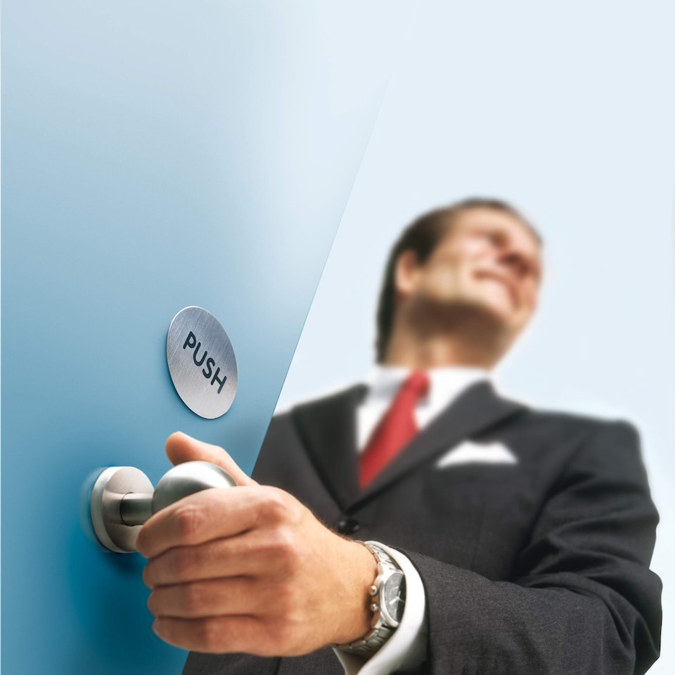 image 1 of Durable Adhesive Fire Door PULL Sign Symbol | Brushed Stainless Steel | 65mm | Silver