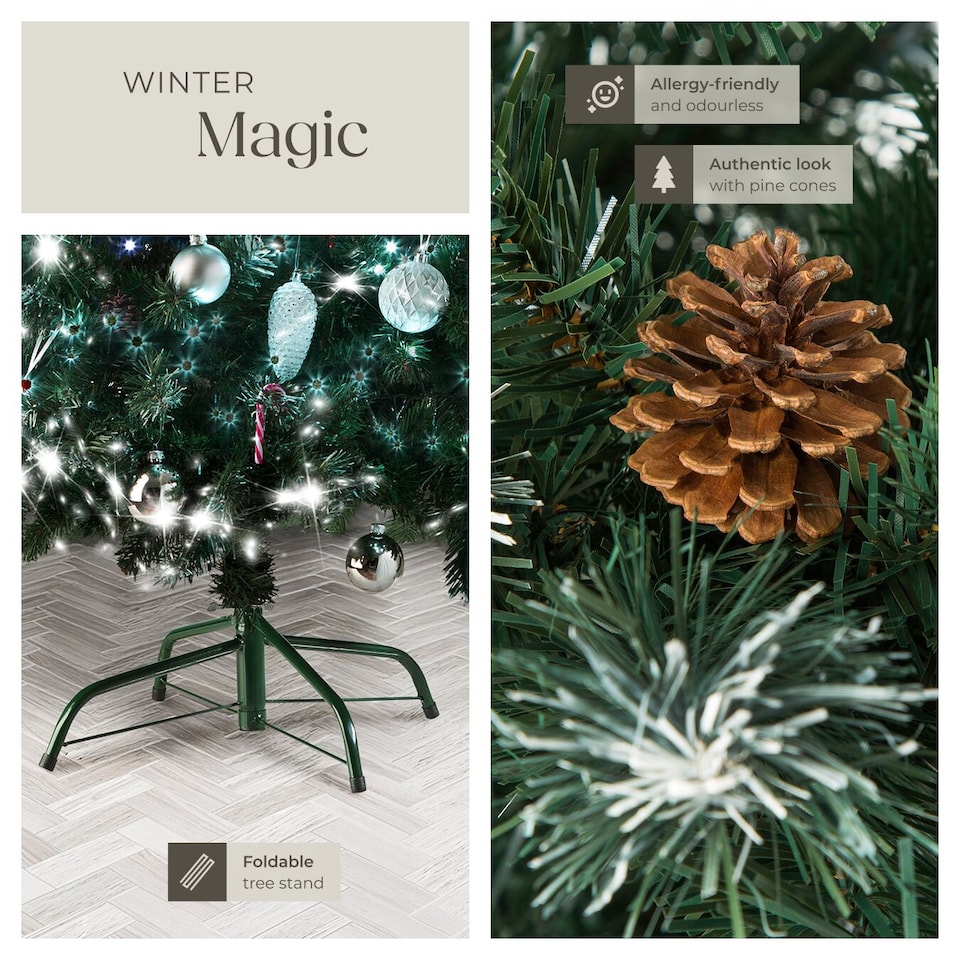 image 1 of Christmas Tree - artificial Christmas tree with frosted tips, pine cones, and metal stand | Green | green | 1