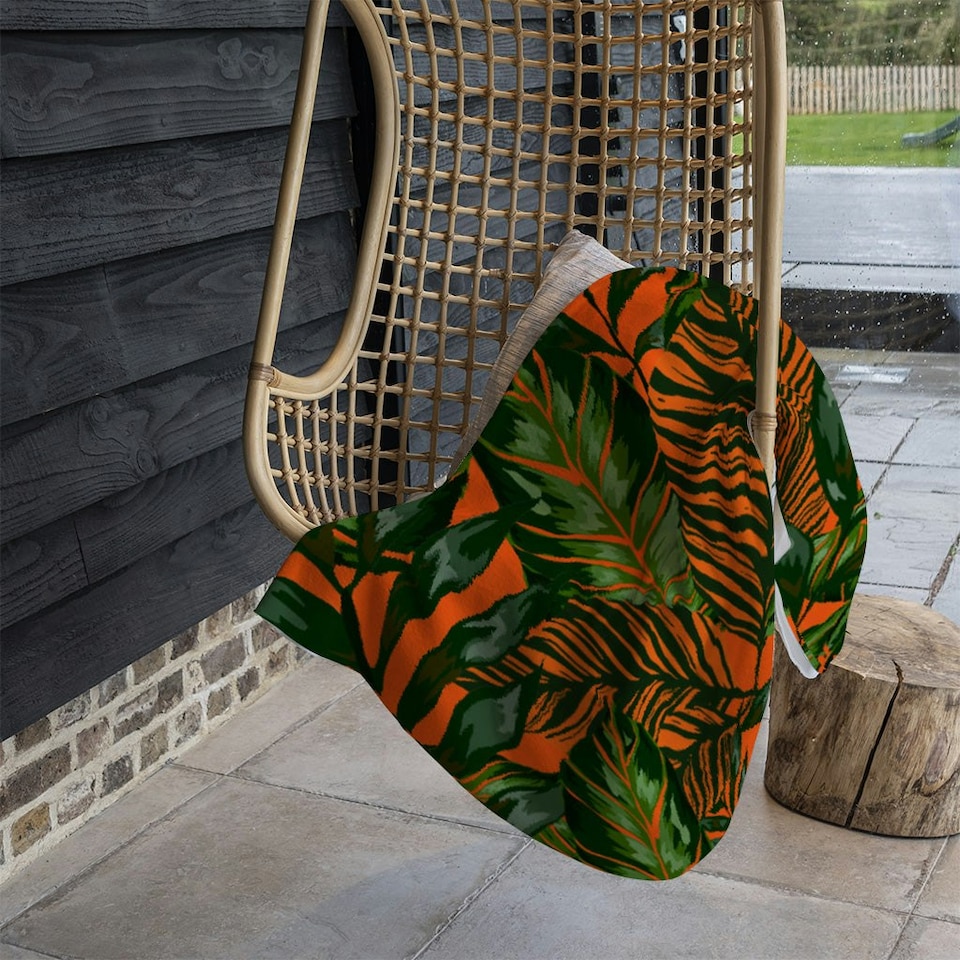 image 1 of Green Tropical Leaves on Orange (Blanket)