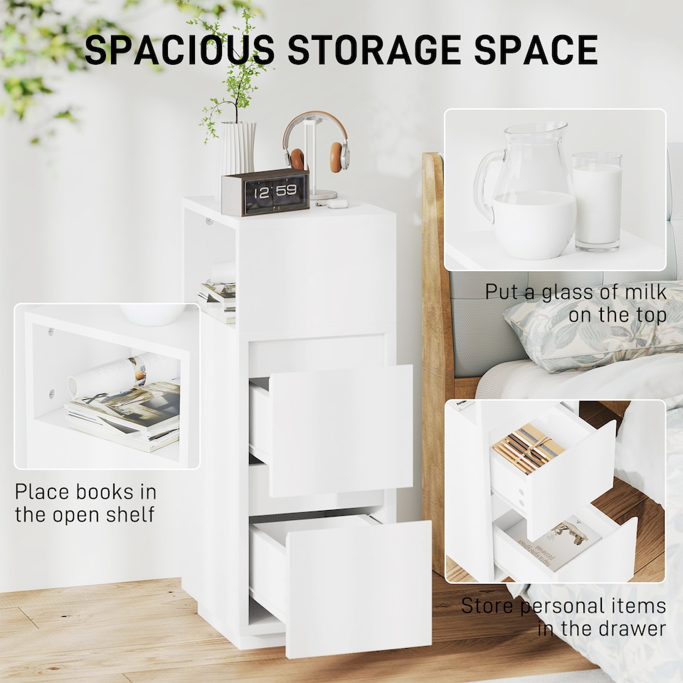 image 1 of HOMCOM Slim Bedside Table, Narrow Bedside Cabinet with Open Shelf and 2 Drawers, Modern Nightstand for Bedroom, Living Room, White | White | White