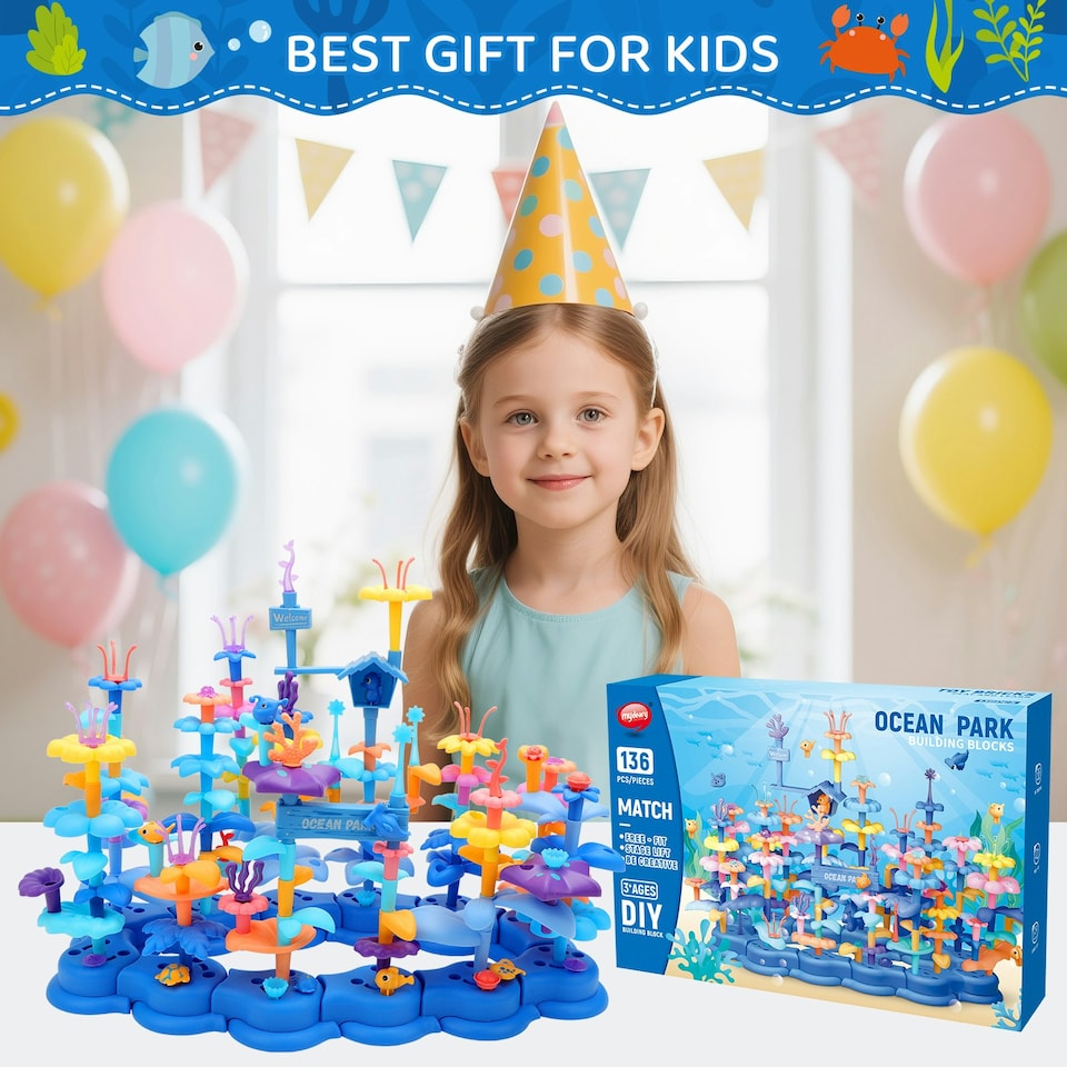 image 1 of 2 in 1 Ocean World and Flower Garden Building Toys 136 PCS STEM Construction Set for Kids