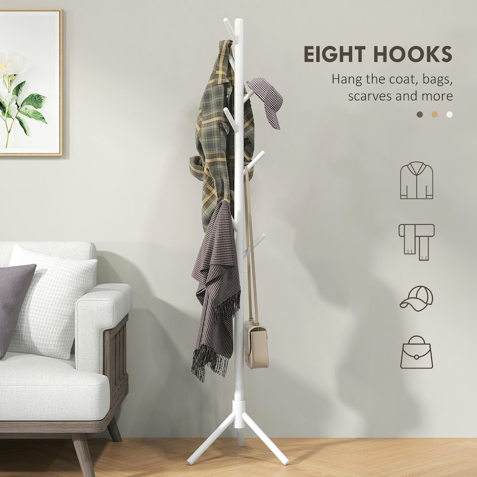 image 1 of HOMCOM Coat Rack Bamboo Coat Stand with 8 Hooks for Handbags, White