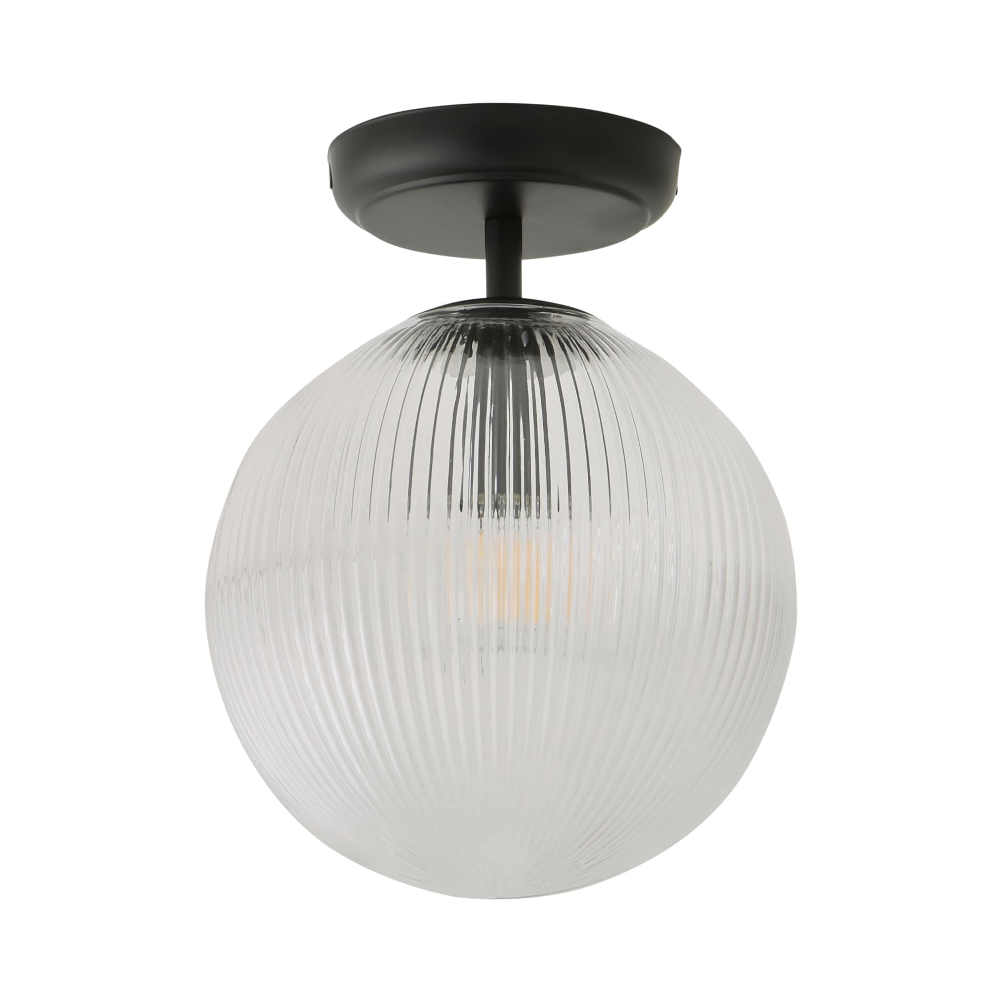 ValueLights Kempton Ribbed Glass Globe Shade Flush Ceiling Light with Bulb in Black