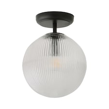 ValueLights Kempton Black Flush Ceiling Light Ribbed Globe Shade and Bulb