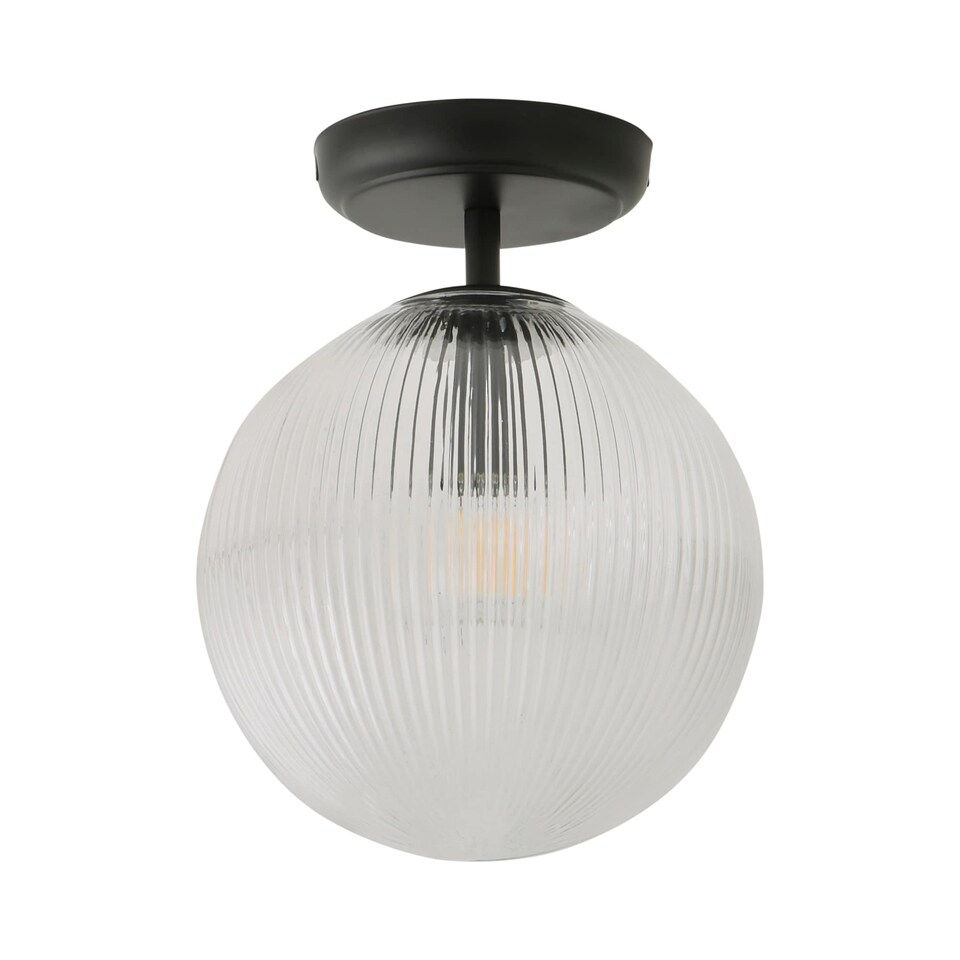 image 1 of ValueLights Kempton Black Flush Ceiling Light Ribbed Globe Shade and Bulb