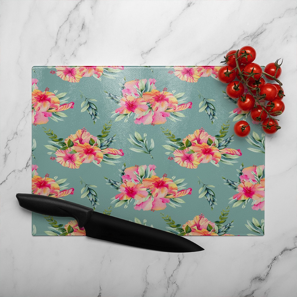 image 1 of Pink Flowers Glass Chopping Board | Multi