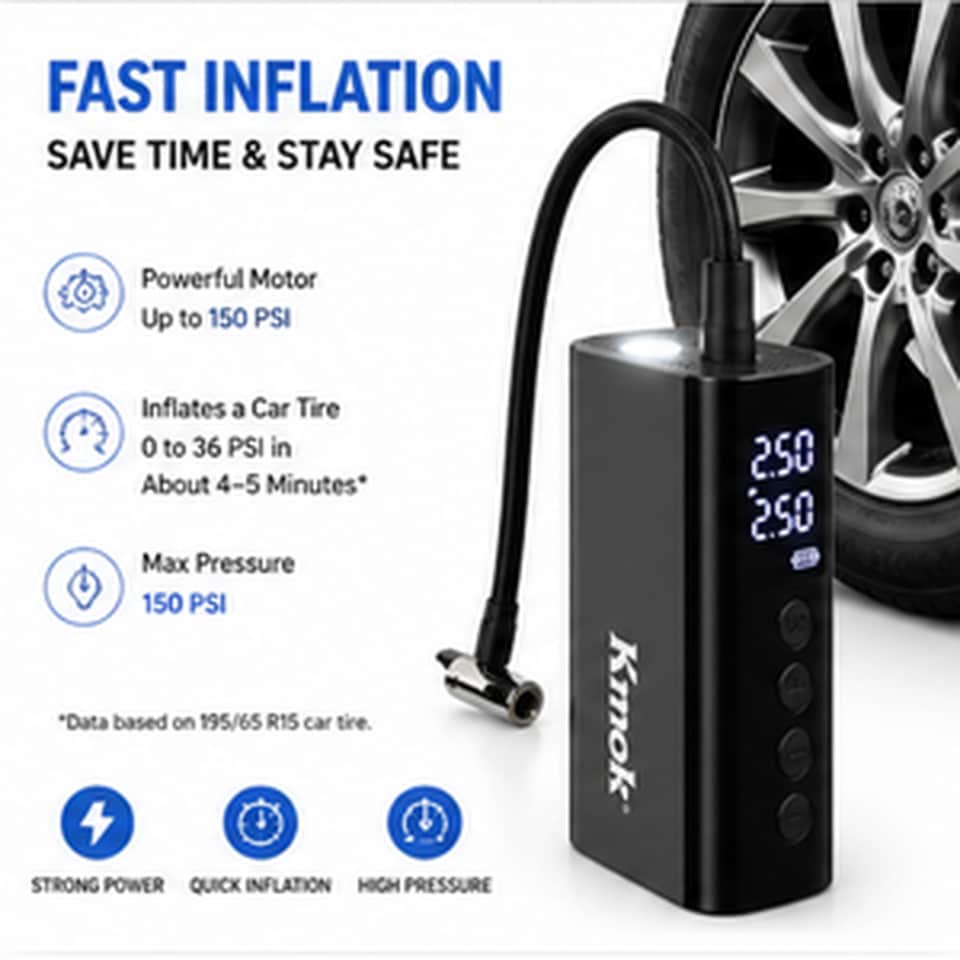 image 1 of Cordless Tire Inflator, 150PSI Portable Air Compressor with Digital Pressure Gauge, 5 Preset Modes, Rechargeable Battery, Power Bank & LED Light, for Car Tires, Bikes, Balls, Air Mattress by Ranoke