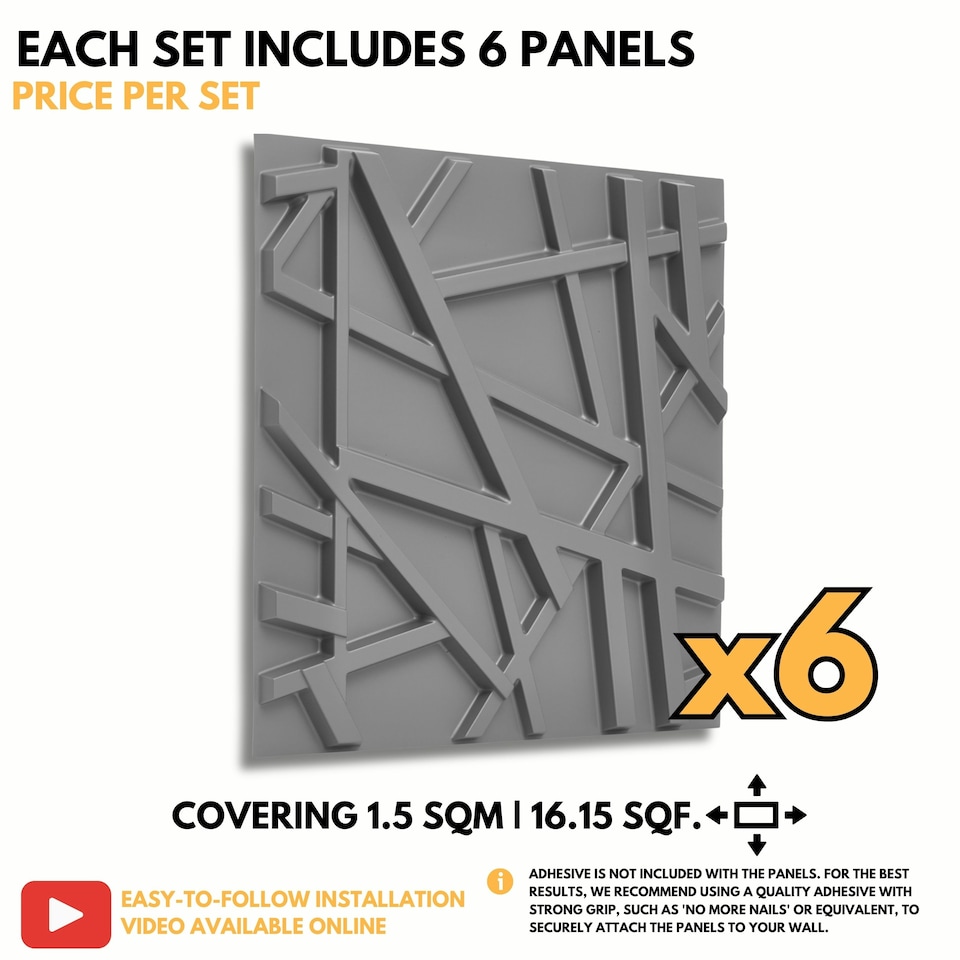 image 1 of NOVECRAFTO Geometric 3D Wall Panels – 6 Sheets Covering 1.5 sqm (16.15 sqft) – Decorative PVC Panels 50x50cm – Modern Geometric Line Design Grey