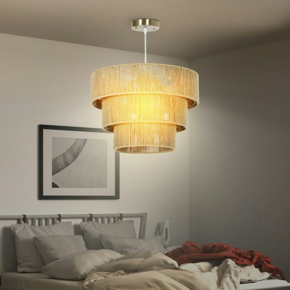 image 1 of HOMCOM Boho Hemp Rope Pendant Light, Ceiling Light for Bedroom, Light Brown
