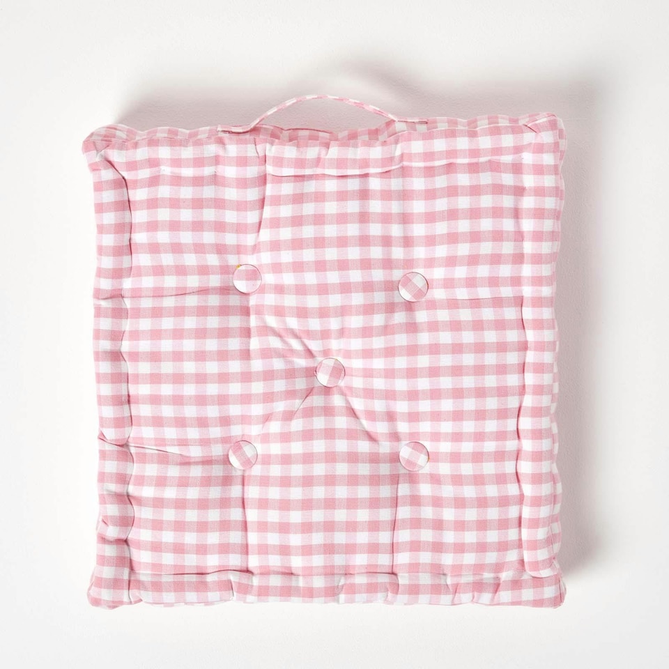 image 1 of Homescapes Cotton Gingham Check Pink Floor Cushion - 50 x 50 cm | Pink | 50 x 50 cm