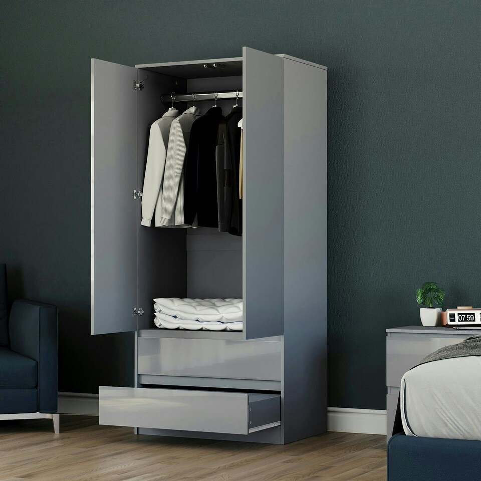 image 1 of Vida Designs Glinton 2 Door 2 Drawer Wardrobe High Gloss Doors With Shelf & Clothes Rail, 100% FSC, Grey