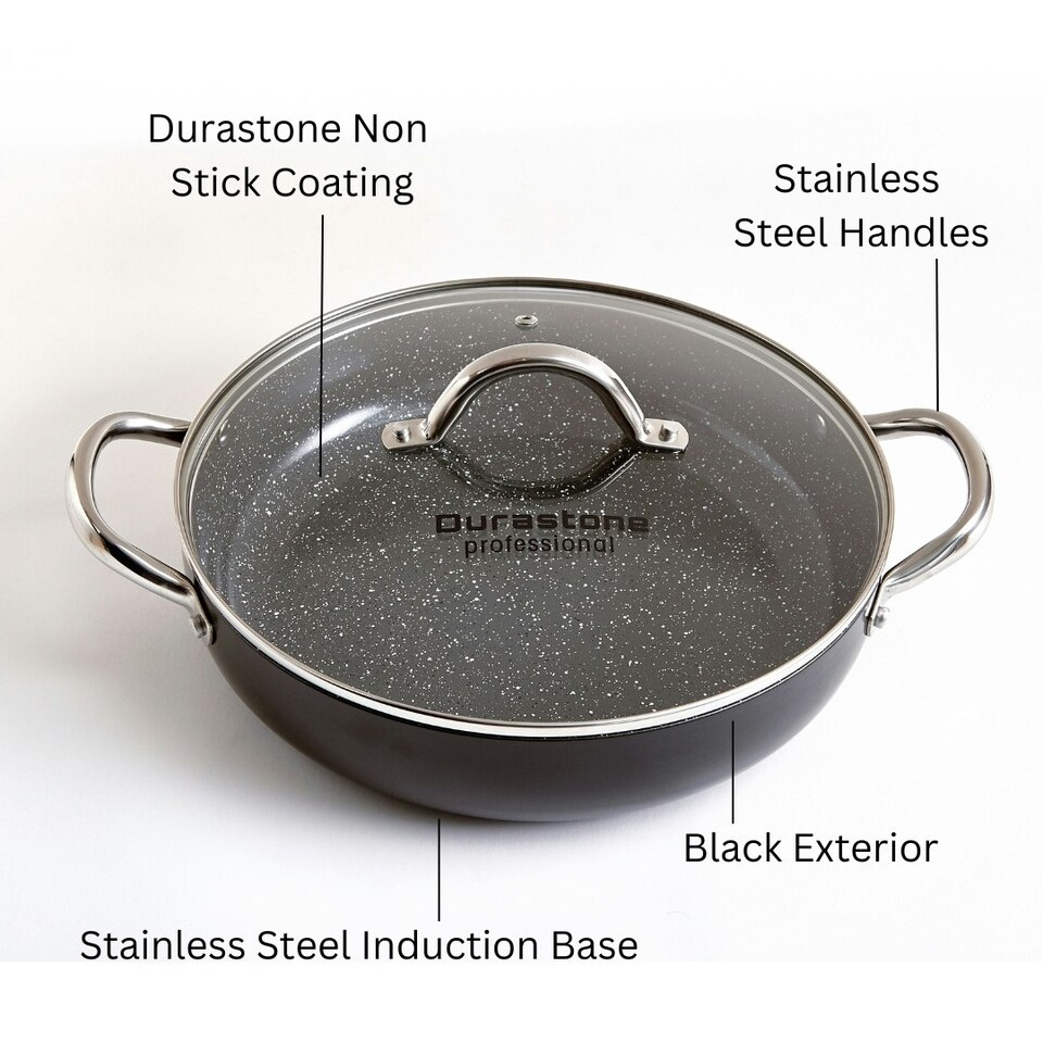 image 1 of Durastone Black 28cm Shallow Casserole Pan with Lid, Oven Safe, All hob Compatible
