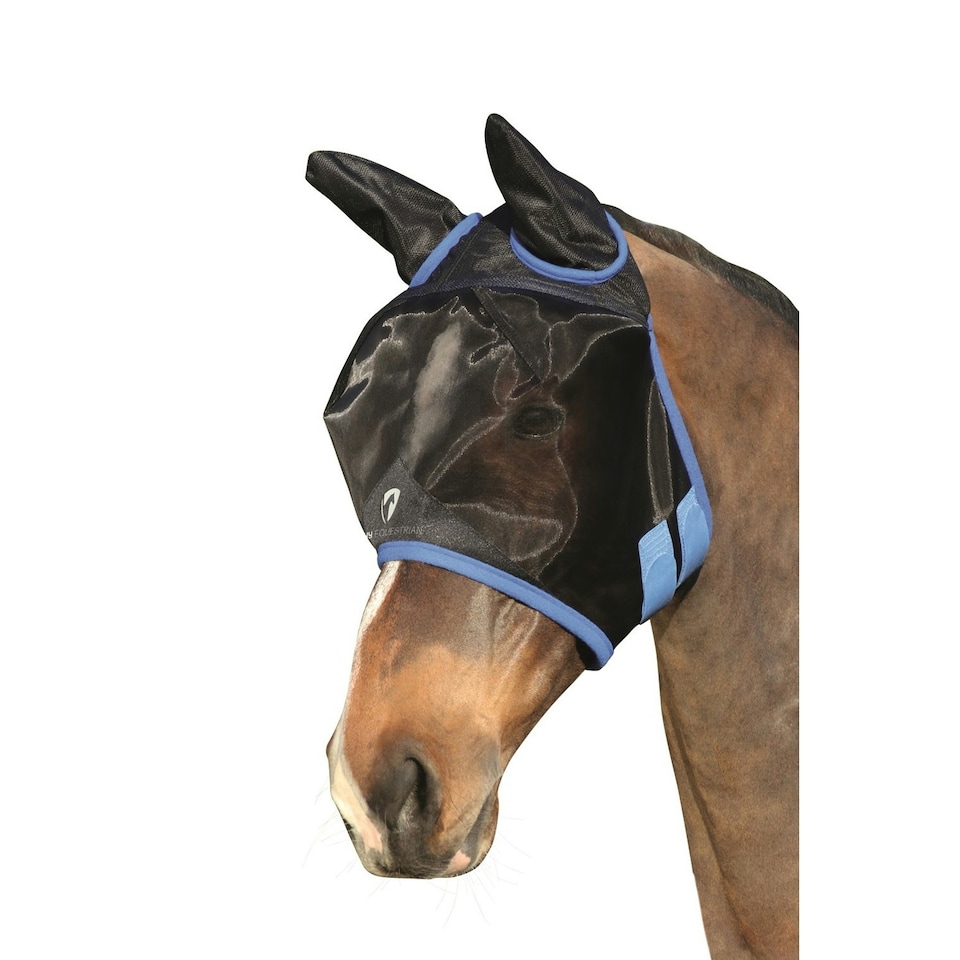 Hy BHB Equestrian Mesh Half Mask With Ears - Black/Palace Blue - Pony