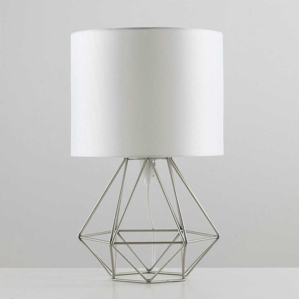 image 1 of ValueLights Modern Silver Metal Basket Cage Bed Side Table Lamp With White Fabric Shade