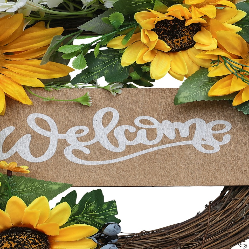 image 1 of Living and Home Artificial Sunflower Wreath - Round Hanging Decoration