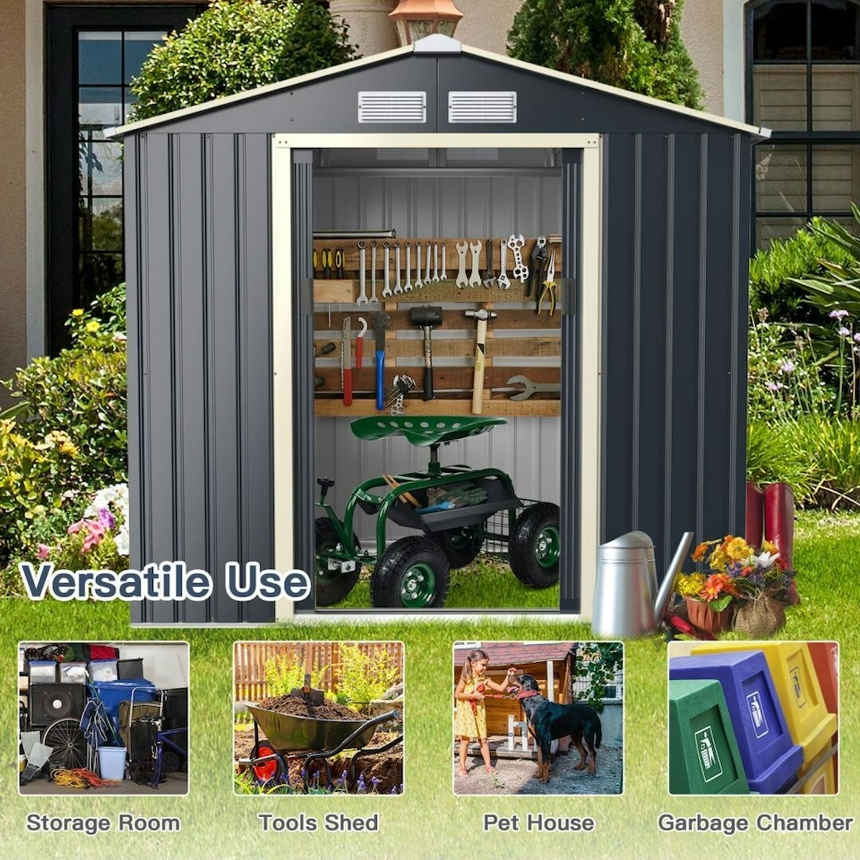 image 1 of COSTWAY 7FT x 4FT Outdoor Storage Shed Tool Utility Storage House Grey