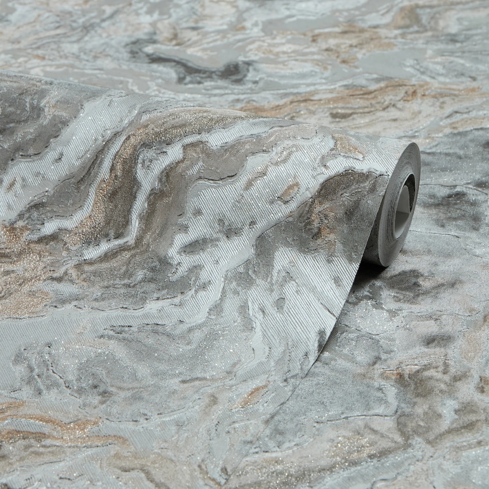 image 1 of Nakura Wallpaper in Grey and Silver with Bronze Metallic | Grey | Grey and Silver with Bronze Metallic | 53cm x 10m
