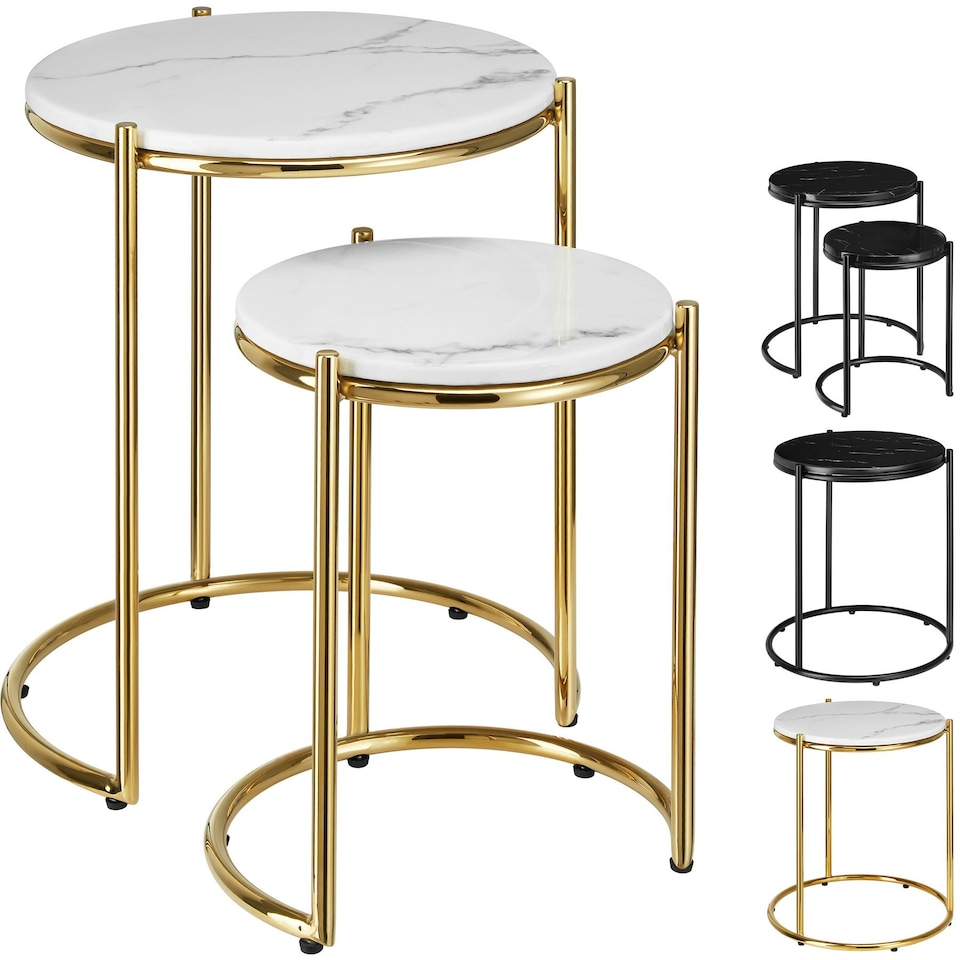 image 1 of Side Table Ellsa - marble top, steel frame, elegant design - Set of 2 | White | Gold
