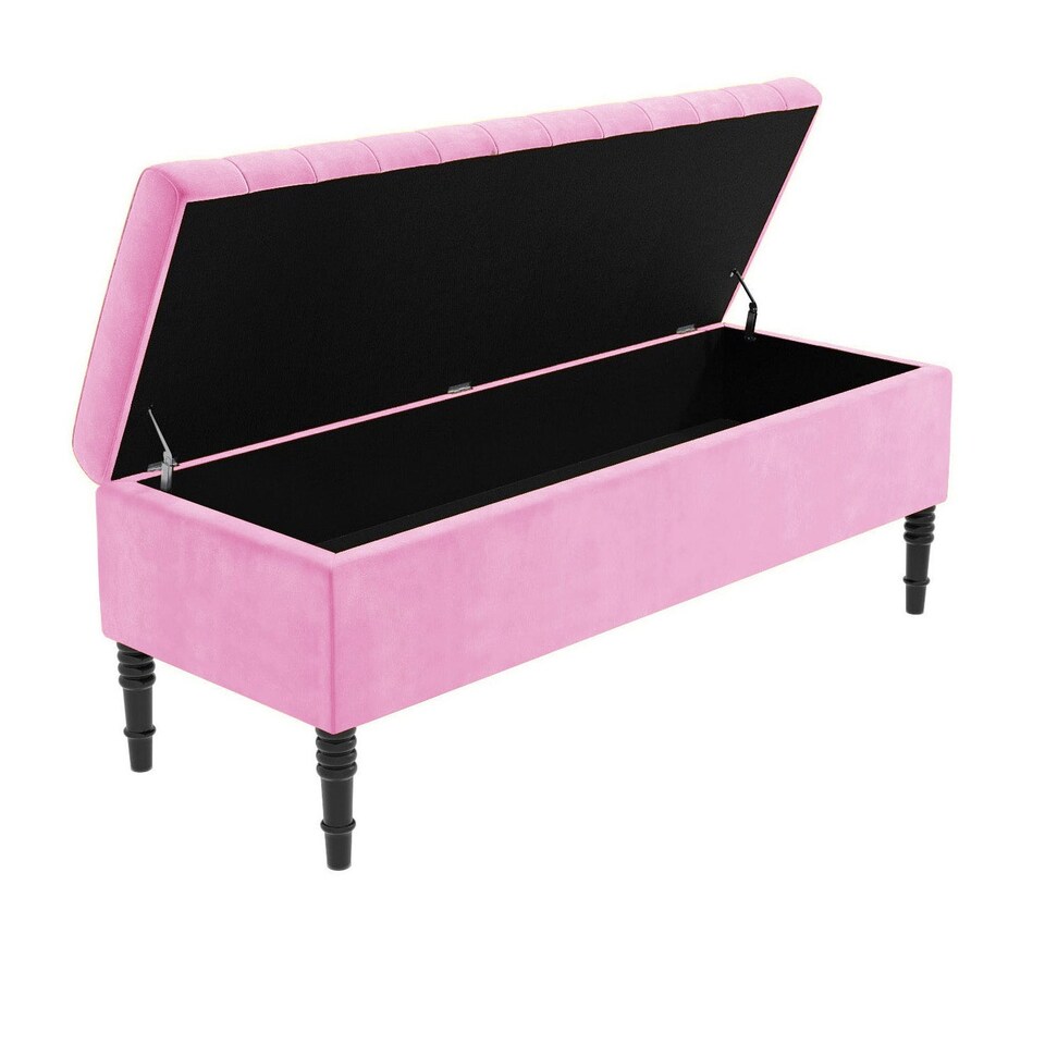 image 1 of 120cm Paris Striped Ottoman Storage Bench- Plush Velvet Shoe Bench - Pink Upholstery Footstool with Storage