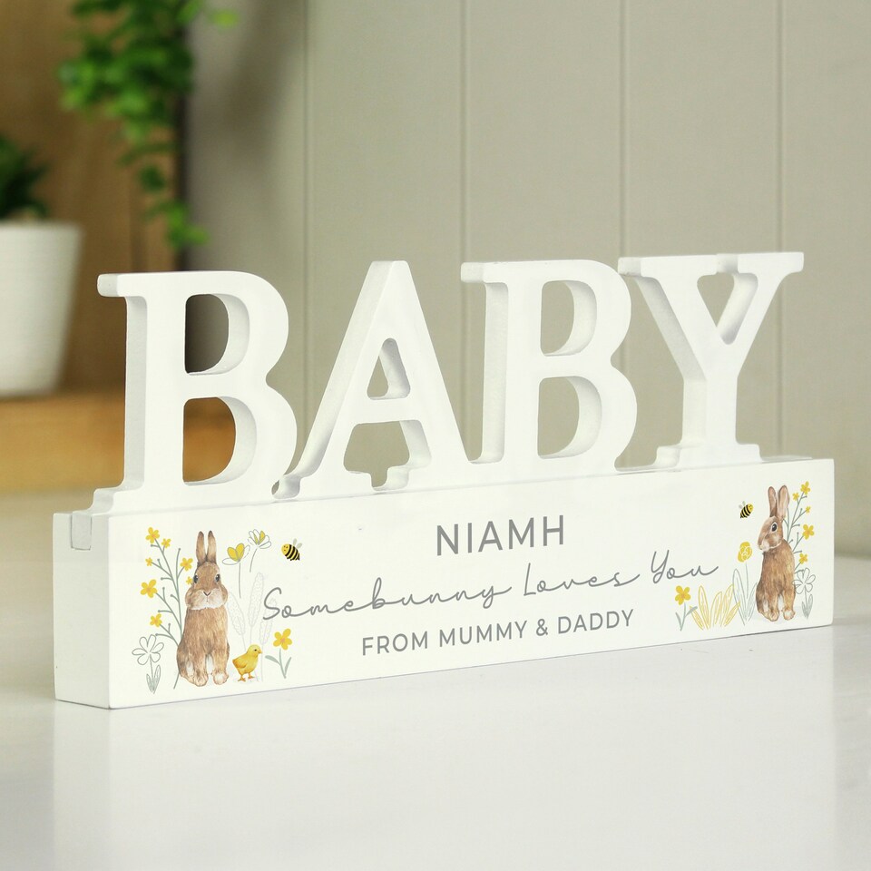 image 1 of Personalised Spring Bunny Baby Wooden Ornament